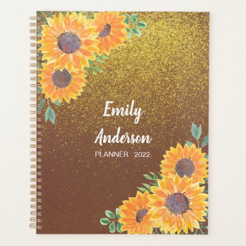 Personalized Sunflower Gold Glitter Planner