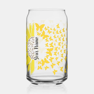 Personalized sunflower into butterflies can glass