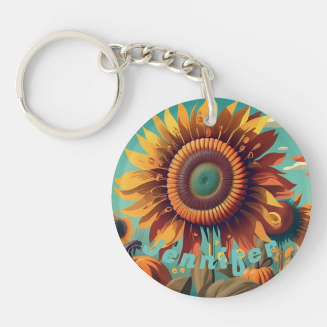 Personalized Sunflower Keychain, Sunflower Keychai Keychain (Front)