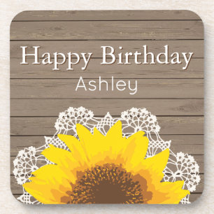 Personalized Sunflower, Lace and Wood Beverage Coaster