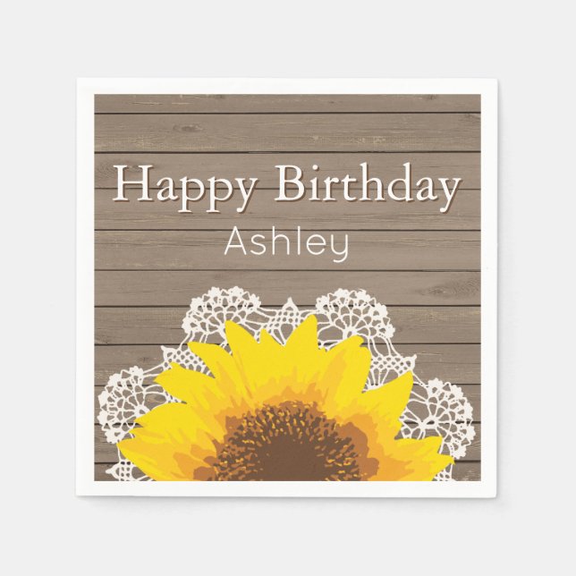 Personalized Sunflower, Lace and Wood Napkins (Front)