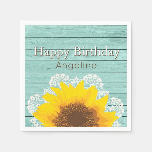 Personalized Sunflower, Lace and Wood Napkins (Front)
