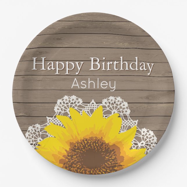 Personalized Sunflower, Lace and Wood Paper Plates (Front)
