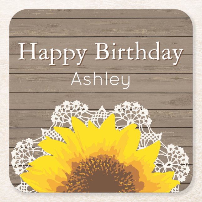 Personalized Sunflower, Lace and Wood Square Paper Coaster (Front)