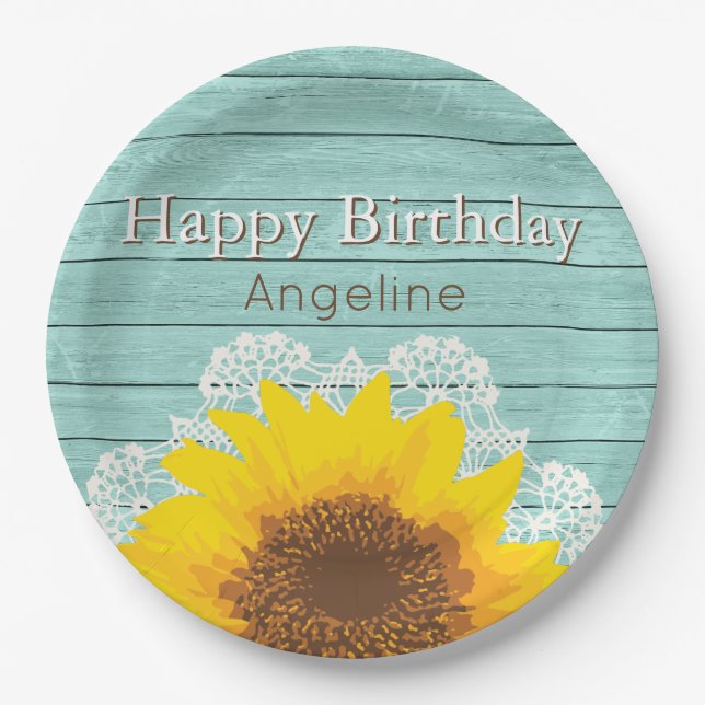 Personalized Sunflower & Lace Birthday Paper Plates (Front)