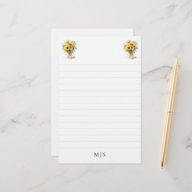 Personalized Sunflower Monogram Stationery Paper (Front/Back In Situ)