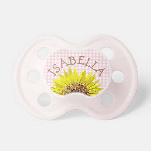 Personalized sunflower Pink Gingham Pacifier