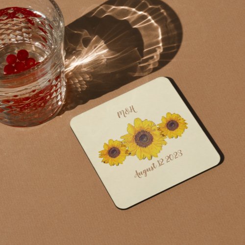 personalized sunflower trio  _   barn wedding square paper coaster