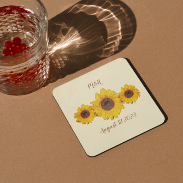 personalized sunflower trio  -   barn wedding square paper coaster (Creator Uploaded)