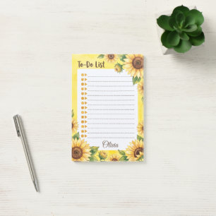 Personalized Sunflower Watercolor To Do List Pad Post-it Notes