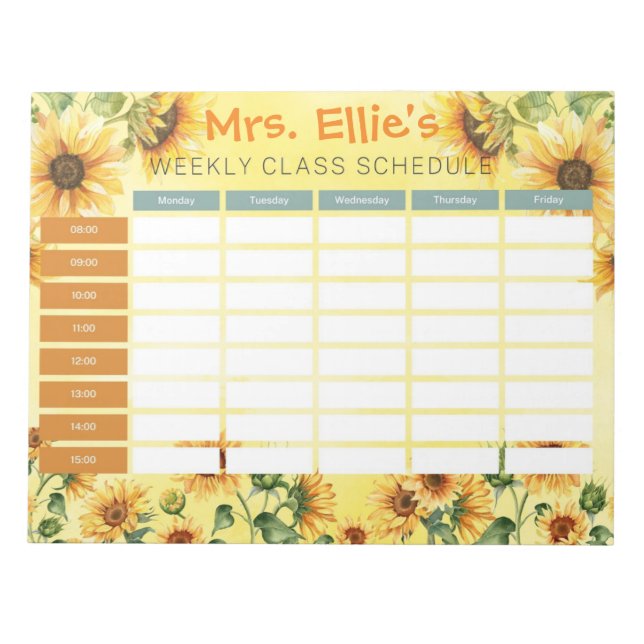 Personalized Sunflower Weekly Class Schedule Notepad (Front)