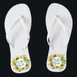Personalized Sunflower Wreath Wedding Flip Flops<br><div class="desc">For further customization,  please click the "Customize" button and use our design tool to modify this template. If the options are available,  you may change text and image by simply clicking on "Edit/Remove Text or Image Here" and add your own. Designed by Freepik.</div>