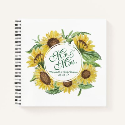 Personalized Sunflower Wreath Wedding Guestbook Notebook