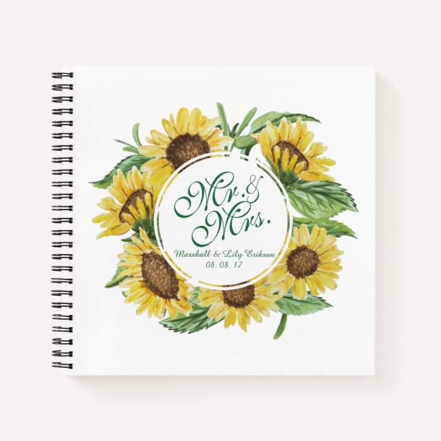 Personalized Sunflower Wreath Wedding Guestbook Notebook (Front)