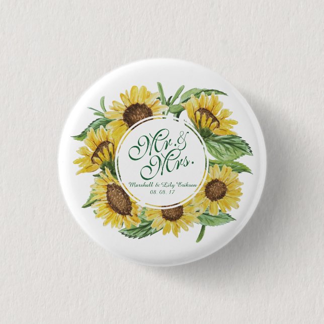 Personalized Sunflower Wreath Wedding Pin Button (Front)
