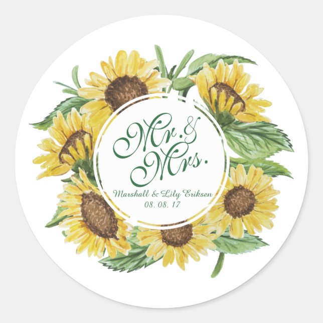 Personalized Sunflower Wreath Wedding Sticker Seal (Front)