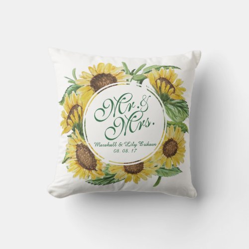 Personalized Sunflower Wreath Wedding Throw Pillow