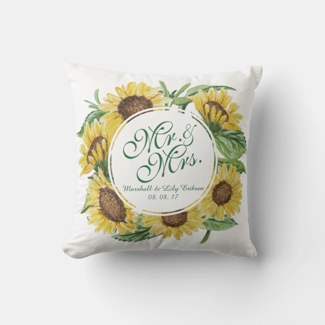 Personalized Sunflower Wreath Wedding Throw Pillow (Front)