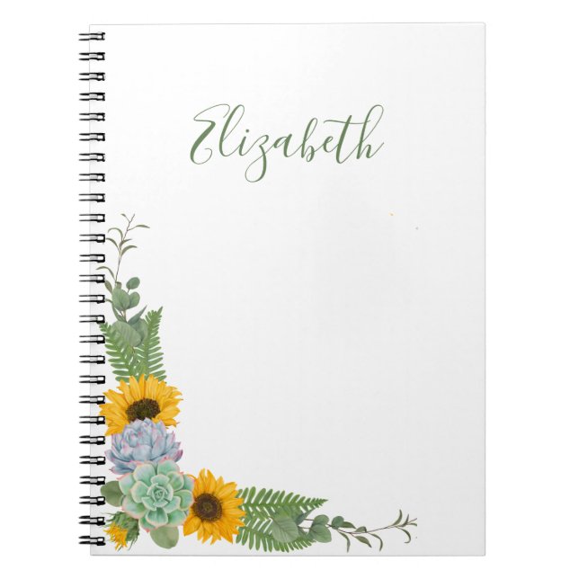 Personalized Sunflowers Floral Greenery  Notebook (Front)