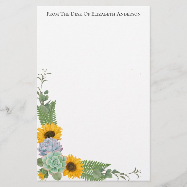 Personalized Sunflowers Floral Greenery Personal Stationery (Front)
