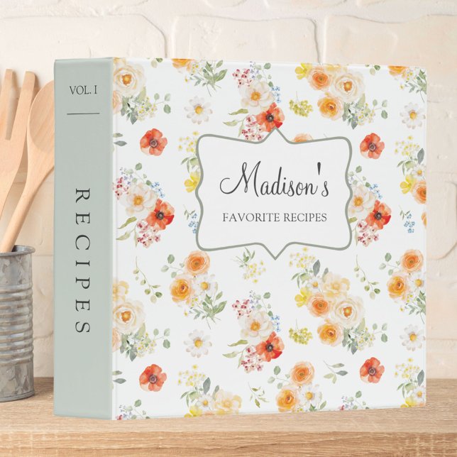 Personalized Sunny Floral Pattern Recipe Cookbook 3 Ring Binder (Creator Uploaded)