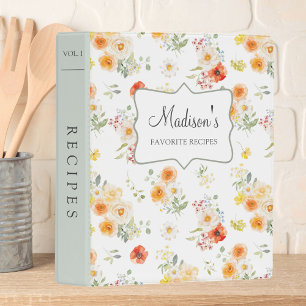 Personalized Sunny Floral Pattern Recipe Cookbook Mini Binder