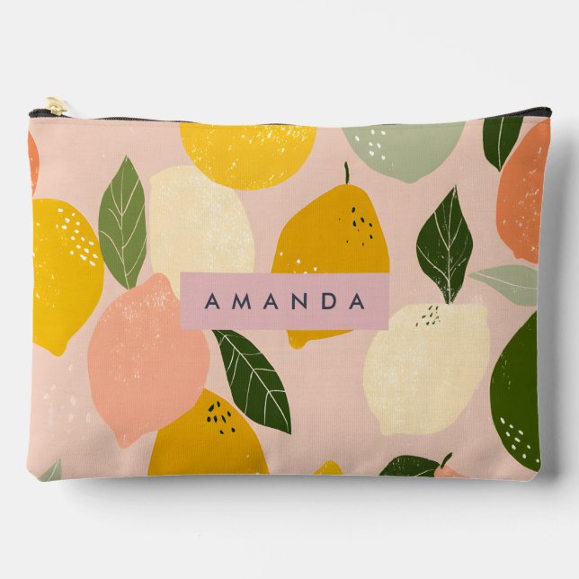 Personalized Sunny Lemon Grove on Soft Blush Accessory Pouch (Front)