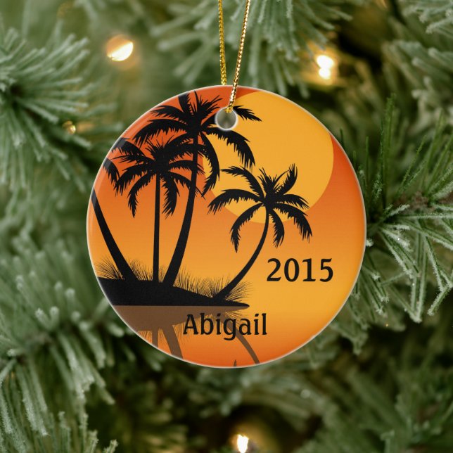 Personalized Sunset and Palm Trees Tropical Beach Ceramic Ornament (Tree)