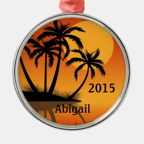 Personalized Sunset and Palm Trees Tropical Beach Metal Ornament