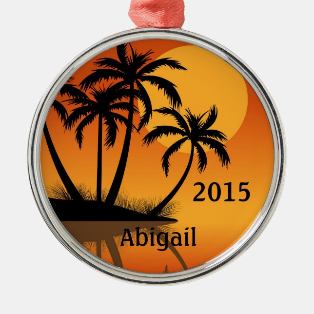 Personalized Sunset and Palm Trees Tropical Beach Metal Ornament (Front)