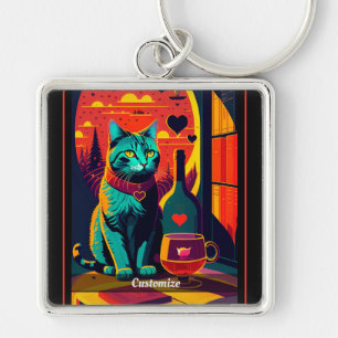 Personalized Sunset Cat Books And Wine Keychain