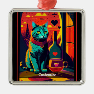 Personalized Sunset Cat Books And Wine Metal Ornament