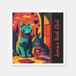 Personalized Sunset Cat Books And Wine Napkins