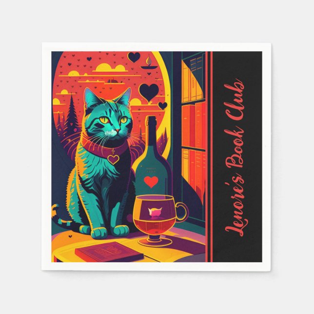 Personalized Sunset Cat Books And Wine  Napkins (Front)