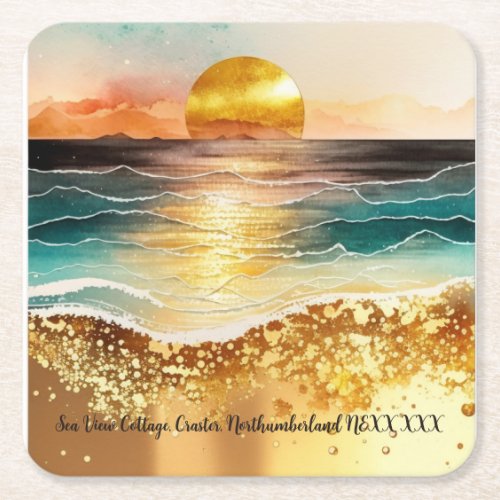 Personalized sunset holiday home Airbnb coastal Square Paper Coaster