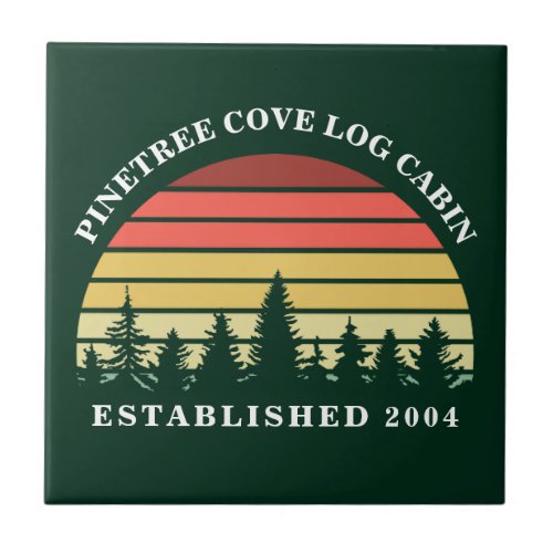 Personalized Sunset Log Cabin Lake House Green Ceramic Tile