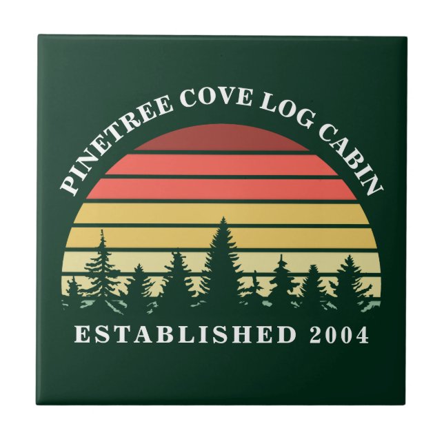Personalized Sunset Log Cabin Lake House Green Ceramic Tile (Front)