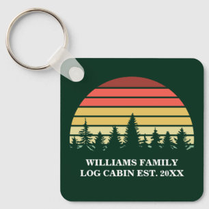 Personalized Sunset Log Cabin Lake House Green Keychain