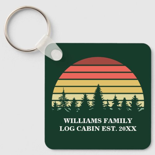 Personalized Sunset Log Cabin Lake House Green Keychain