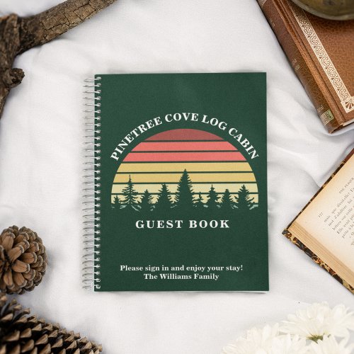 Personalized Sunset Log Cabin Lake House Green Notebook