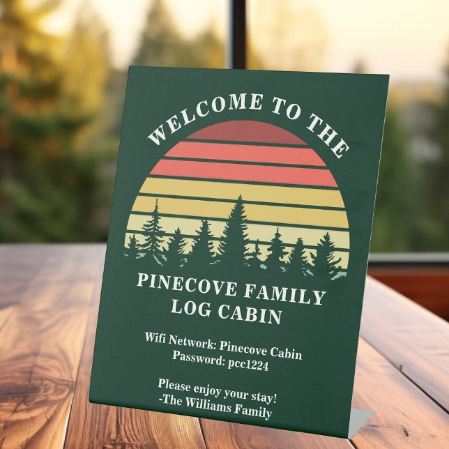 Personalized Sunset Log Cabin Lake House Welcome Pedestal Sign (Creator Uploaded)