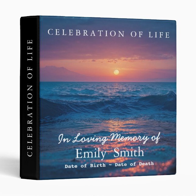 Personalized Sunset Sea Celebration of Life 3 Ring Binder (Front/Spine)