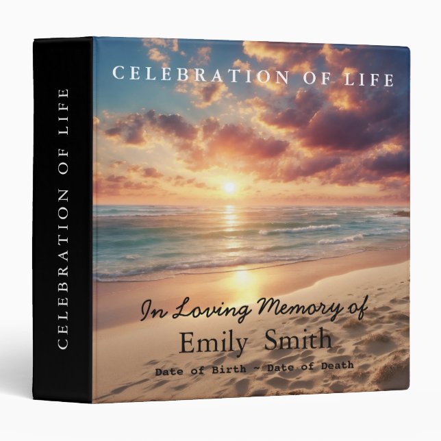 Personalized Sunset Sea Celebration of Life 3 Ring Binder (Front/Spine)
