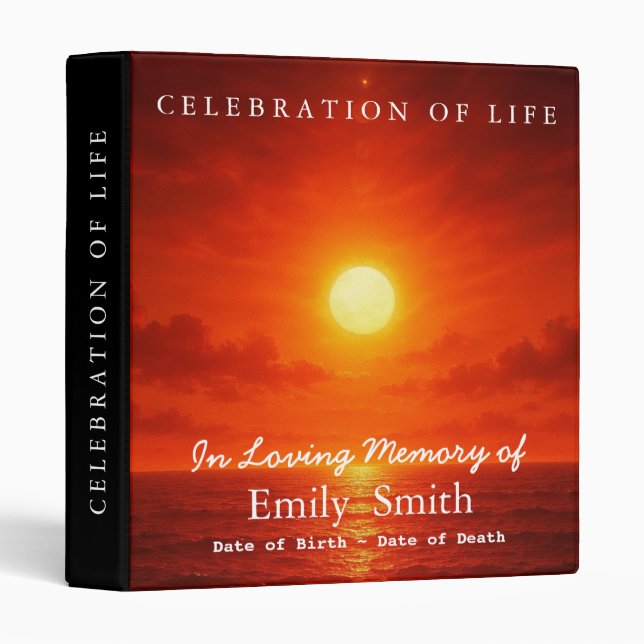 Personalized Sunset Sea Celebration of Life 3 Ring Binder (Front/Spine)