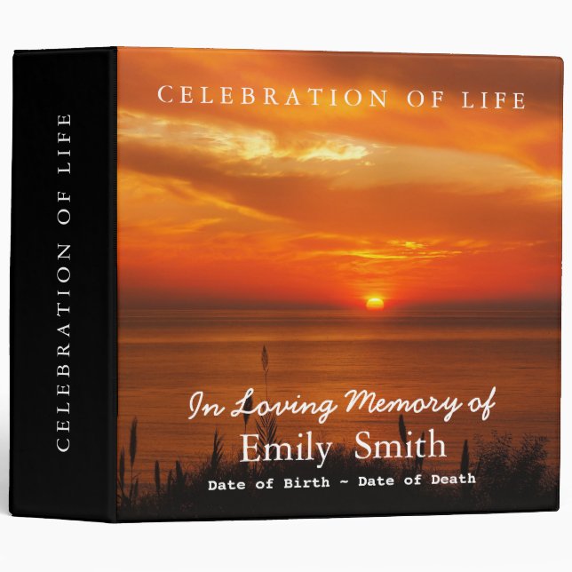 Personalized Sunset Sea Celebration of Life 3 Ring Binder (Front/Spine)