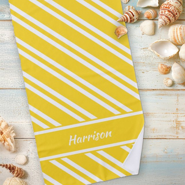 Personalized Sunshine Yellow and White Stripes Beach Towel (Creator Uploaded)