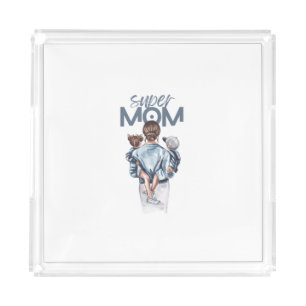 Personalized Super Mom with Son and Daughter Gift Acrylic Tray