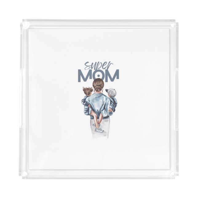Personalized Super Mom with Son and Daughter Gift Acrylic Tray (Front)