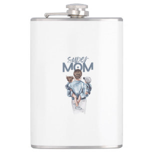 Personalized Super Mom with Son and Daughter Gift Flask