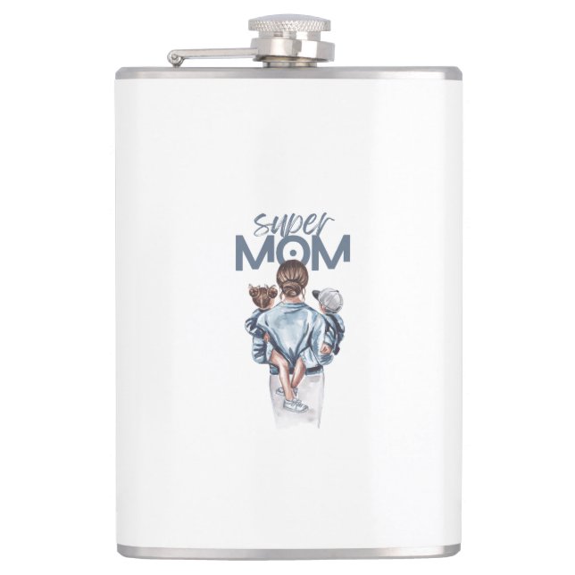 Personalized Super Mom with Son and Daughter Gift Flask (Front)